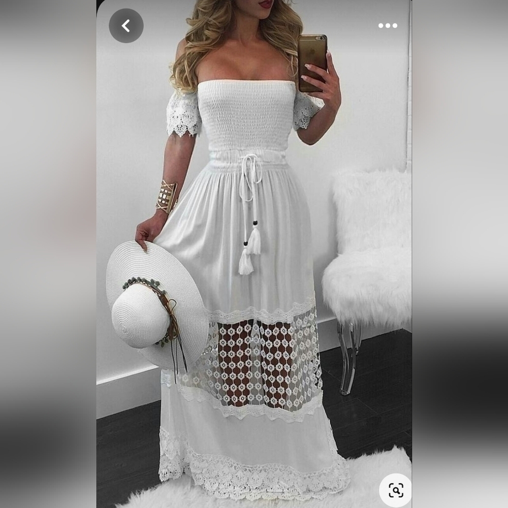 Maxwell Off-White Crochet Smocked Maxi Dress